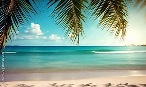 Paradise beach on the shore of the azure sea. Background texture: tropical paradise, sea and beach.