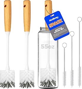 Holikme 5 Pack Bottle Brush Cleaner Set, 14" Bamboo Handle Bottle Cleaner Brush, 3 Straw Brushes, Bottle Cleaning Brush for Water Bottle, Cups, Baby Bottle, Straws Grey White