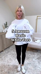 ✨5 basic Amazon Tees. Comment TEE for all of the details sent to your inbox!📥 These basic tees are ones that I love and wear. These are definitely closet worthy! I sized up in longer tunic tees for a roomier fit. They all come in other colors too! #amazonfashionfinds #budgetstyle #fashiontipsforwomen #over50style #basicstyle #over40fashion | Occasionally Jenna