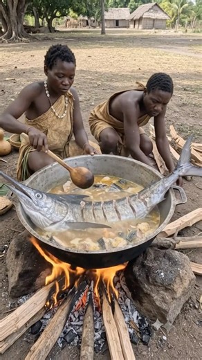 Hadzabe tribe bushman and his wife cooking huge fish inside a small pot