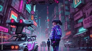 Cyberpunk cityscape in neon style. Cyberpunk metropolis with futuristic technologies, cars, buildings and peoples at night. Futuristic animation with transformations. AI generated cinematic video
