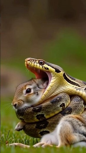A huge snake eats a rabbit