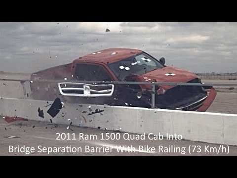 2011 Ram 1500 Quad Cab Into Bridge Barrier with Bike Railing Crash Test (MASH TL-2 2-11 - 73 Km/h)