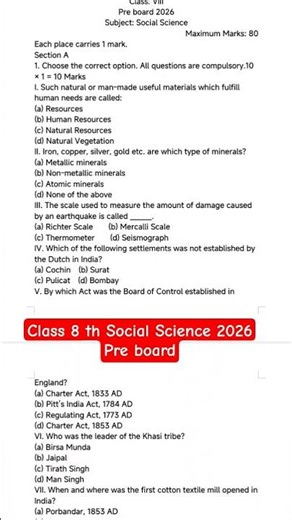 PSEB Class 8 th Social Science English medium 2026 pre board