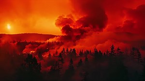Download Intense wildfire engulfs a forest at sunset, dramatic sky and silhouette of trees, concept of natural disasters and environmental issues for free