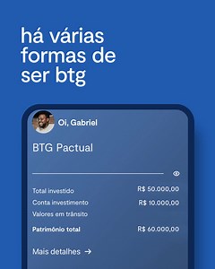 Invista em ações, renda fixa e fundos direto no app e tenha benefícios exclusivos do cartão feito para investidores por quem mais entende o mercado, como parte do valor da sua fatura de volta em um fundo de renda fixa ou de Bitcoin. Abra agora sua conta. | BTG Pactual