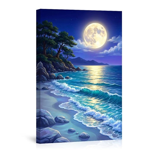 Moonlit Beach Canvas Print, Coastal Night Scene, Ocean Waves Art - Etsy
