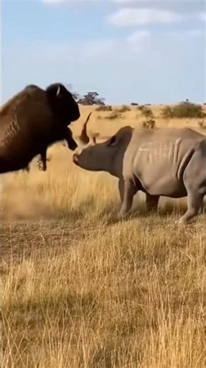 Live Rhino vs Bison Fight 🤯 #wildlife #bison #rhino #wildanimals