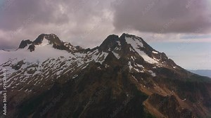 Mount Baker, Washington circa-2019. Aerial view of Mount Baker area. Shot from helicopter with Cineflex gimbal and RED 8K camera.