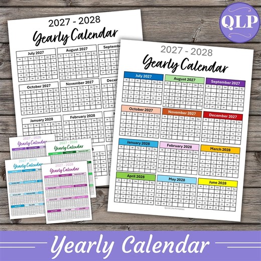 2027–2028 Yearly Calendar Printable July Start, Monday to Sunday (PDF) - Etsy