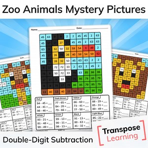 Zoo Animals Double Digit Subtraction Mystery Pictures | Math Color by Code