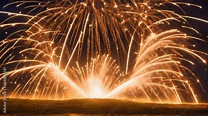 Closeup firework artillery shell being fired from mortar tube, with bright flash light followed loud boom. shell then bursts open into large spherical shape, revealing stunning