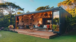 Download A patio with a couch, table and chairs in the backyard of a shipping container for free