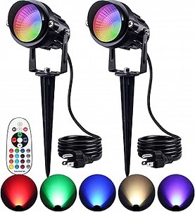 SUNVIE RGB Spot Lights Outdoor 12W LED Color Changing Landscape Lights with Remote Control 120V RGBW Landscape Lighting Waterproof Outdoor Spotlight for Yard Garden Patio Lawn Decorative, 2 Pack