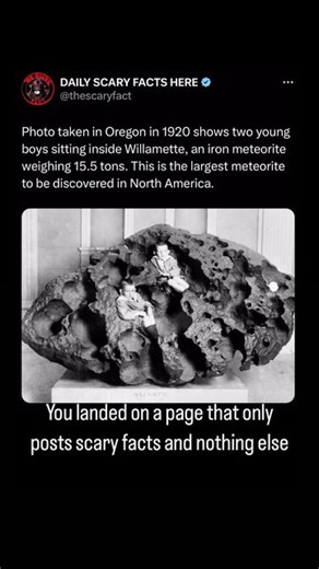 Thescaryfact ™ on Instagram: "A photograph taken in Oregon in 1920 captures two young boys sitting inside the Willamette meteorite, an iron behemoth weighing 15.5 tons. This remarkable meteorite is the largest ever discovered in North America and stands as a testament to the awe-inspiring forces of nature. The image highlights both the immense size of the meteorite and the curiosity it sparked among people, symbolizing the human fascination with cosmic objects. The Willamette meteorite remains a