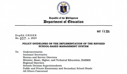 DepEd Order 007, s. 2024 - Policy Guidelines on the Implementation of the Revised School-Based Management System