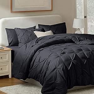 Nestl California King Comforter Set 7 Piece - Pintuck Cal King Comforter Set Black, California King Bed in a Bag, All Season Bed Set with Flat Sheet and Fitted Sheet, Pillowcases and Shams