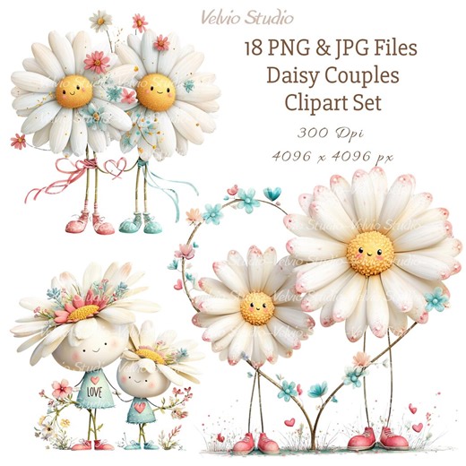 Daisy Couple Clipart: Valentine Illustrations, 18 PNG & JPG Files (digital Download) - Etsy