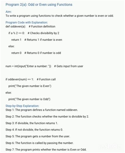 12 cs programs on Instagram: "12th Computer Science | Python Practical Program 2(a): Odd or Even using Functions Step-by-step explanation Useful for practical exam and viva Save for revision Share with your friends Follow for more CS practicals #12thComputerScience #PythonPractical #OddEvenProgram #FunctionsInPython #StateBoard CSStudents PublicExam ComputerScience12"