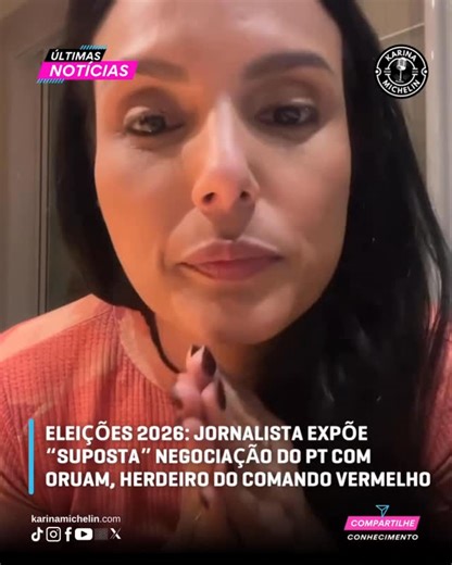 Karina B. Michelin 🇮🇹🇧🇷 on Instagram: "Jornalista Márcia Dantas denuncia suposta - e cada vez mais provável - articulação entre o rapper Oruam e o PT para uma candidatura eleitoral em 2026. Segundo a jornalista, as negociações estariam acontecendo nos bastidores, incluindo reunião presencial entre Oruam e representantes do Partido dos Trabalhadores na zona oeste do Rio de Janeiro. Dantas afirma que possui gravações, fontes e outras provas materiais que confirmariam a existência dessas conver
