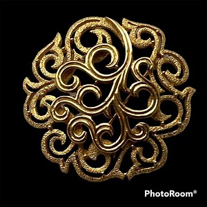 Vintage Crown Trifari Gold Etruscan Scroll Medallion Mid Century  Brooch