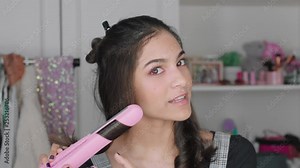 beautiful teenage girl vlogger filming makeup tutorial sharing beauty video enjoying social media influencer recording vlog at home