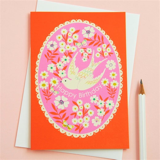 Birthday Card With Colourful Floral & Bird Border - Etsy