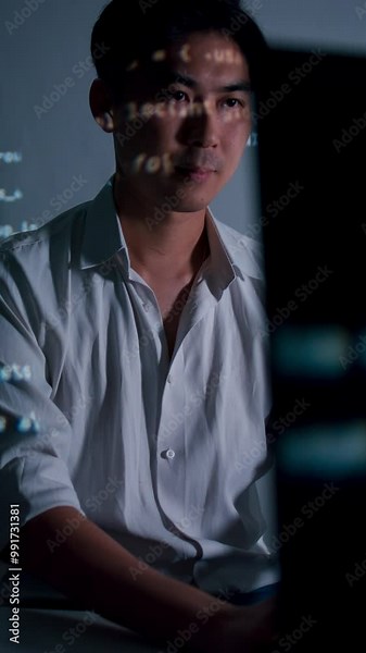 Focused Asian male software developer, IT programmer working on desktop computer writing code app, program sitting at desk in office. Asian male Software developer creating a software and coding.