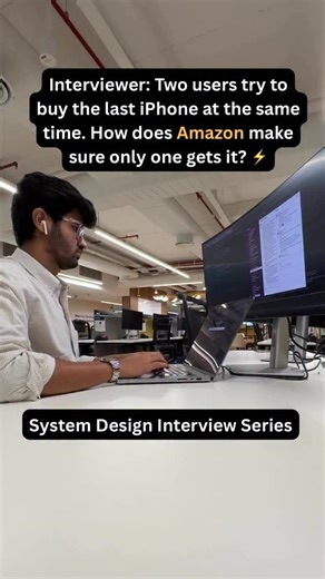 Bhavesh vaswani on Instagram: "Two users try to buy the last iPhone at the same time. How does Amazon make sure only one gets it? ⚡ Follow and comment “PDF” for detailed notes. ⸻ 1️⃣ Database Row Lock (SQL / Row-Level Lock) 𝗗𝗲𝗳𝗶𝗻𝗶𝘁𝗶𝗼𝗻: The DB locks the row so only one order can reduce stock at a time. 𝗘𝘅𝗮𝗺𝗽𝗹𝗲: User-1 buys iPhone, User-2 sees “Out of Stock.” ⸻ 2️⃣ Distributed Locking (Redis / Zookeeper) 𝗗𝗲𝗳𝗶𝗻𝗶𝘁𝗶𝗼𝗻: Prevent multiple servers from processing the same item 