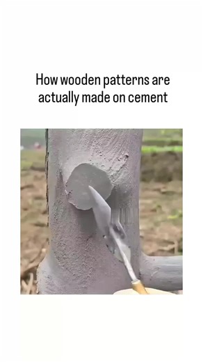 crazy top fun 😂❤️ on Instagram: "The video demonstrates a traditional plastering technique where artisans carve wood-grain textures into wet cement using trowels, creating hyper-realistic faux tree trunks for decorative purposes like garden art or architectural columns. This method relies on the plasticity of fresh concrete or plaster, allowing precise incisions that harden into permanent bark-like details, a skill honed in regions with strong masonry traditions such as parts of Asia. Posted by