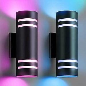 SHIMR Modern RGBCW Outdoor Wall Lights 2 Pack, Color Changing Outdoor Sconce Lights with APP Control, Black Cylinder Exterior Lighting Fixtures Aluminum Up Down Outside Lights for House [ETL Listed]