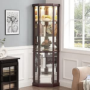 69" H Lighted Curio Cabinet Corner Display Case,Corner Glass Cabinets with Tempered Glass Door and Adjustable Shelves,Wooden Curio Cabinet with Mirrored Back Pane (Style 1 - Dark Cherry)