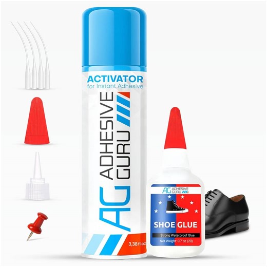 AG ADHESIVE GURU AG Shoe Repair Kit-Shoe Glue 0.7 oz. Clear CA Glue and Activator Spray 3.38 fl oz Fast-Drying for Rubber, Leather, Soles adgr_shoe_glue_1pk_AG210A_SET - The Home Depot