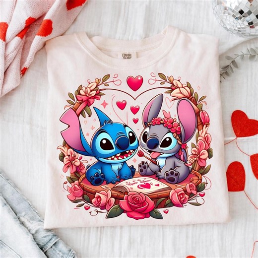 Stitch Couple Valentine PNG, Alien Love Cartoon Art (Digital File)