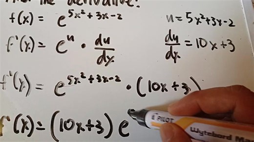 21K views · 221 reactions | Exponential derivative example! Watch how to solve f(x) = e^{5x^2 + 3x - 2} using the chain rule. #calculus #derivatives #math | Teacher RAY | Facebook