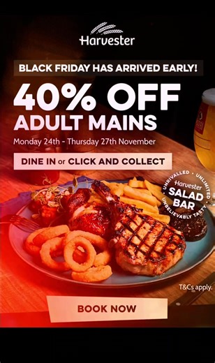 🔥 BLACK FRIDAY STARTS EARLY AT HARVESTER THE HONEYPOT! 🔥 🎉 40% OFF ALL MAINS – MON 24TH to THURS 27TH NOV 2025 🎉 Why wait till Friday?! Treat yourself to huge savings all week long 🙌 Bring the family, grab your mates, or sneak in a midweek treat — 40% OFF MAINS is too good to miss! 📲 DOWNLOAD THE APP: https://www.harvester.co.uk/download-app#/ 🍽️ BOOK YOUR TABLE: https://www.harvester.co.uk/restaurants/eastofengland/thehoneypotbasildon?utm_source=google&utm_medium=organic&utm_campaign=gmb