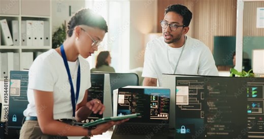 Programming, tablet and people in meeting on tech for coding ai, algorithm and planning ui design. Creative, software and workers talking on pc for framework script, system testing and collaboration