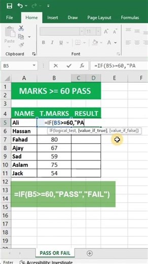 If Function In Excel | Pass Or Fail Result