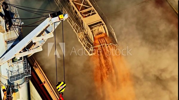 Grain elevator loading harvested wheat or corn into a shipping container or silo for transport - tilt down aerial view