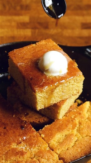 Comment "Send Recipe" and I'll send you the recipe link! Ingredients: ▢ 1 ½ cups non-dairy milk ▢ 1 tablespoons apple cider vinegar ▢ ½ cup dark brown sugar ▢ 2 tablespoons maple syrup ▢ 1 cup all purpose flour ▢ 1 ¾ cup cornmeal ▢ 2 teaspoons baking powder ▢ 1 teaspoon salt ▢ ½ teaspoon baking soda ▢ ⅓ cup vegan butter, melted but not hot ( 2 tablespoons for greasing skillet) Optional "Honey Butter" Glaze ▢ 2 tablespoon agave ▢ 2 tablespoon non-dairy butter, melted 📌Full Recipe & Instructions 