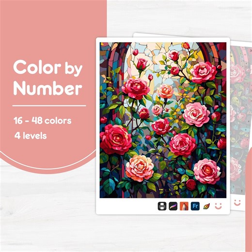 Colorful Rose Garden - Color by Number - Digital & Printable - 4 Levels - Etsy