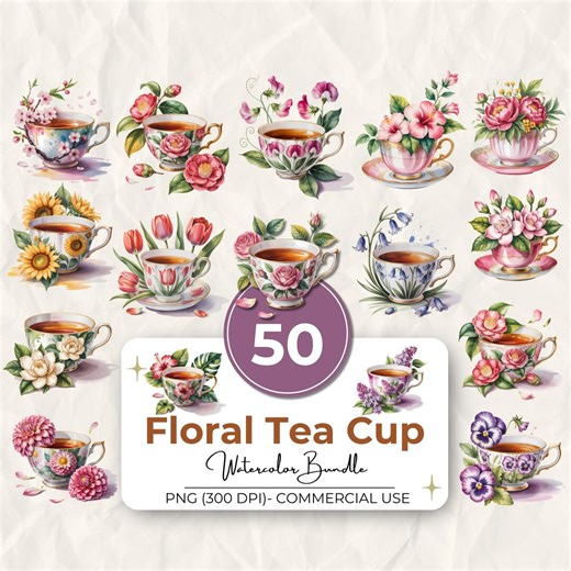50 Floral Teacup Clipart Bundle, Tea Cup PNG, Watercolor Spring Graphics, Vintage Tea Party Illustration, 300 Dpi, Commercial Use - Etsy