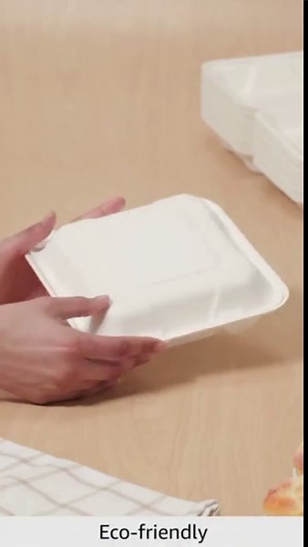 DEIKAL Compostable Clamshell Food Containers [8x8" 50-Pack] Disposable To Go Containers, Biodegradable Sugarcane To Go Boxes - Heavy Duty Paper Containers - Microwave & Freezer Safe, Stackable