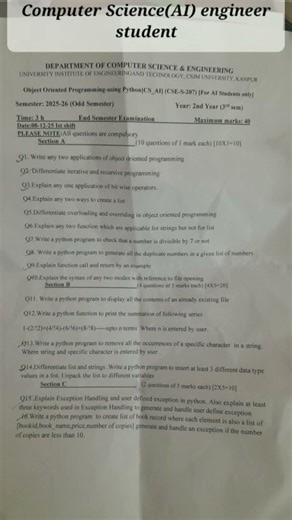 Btech(2025-26) CSE(AI) Programing using python 2nd year end semester exam paper....