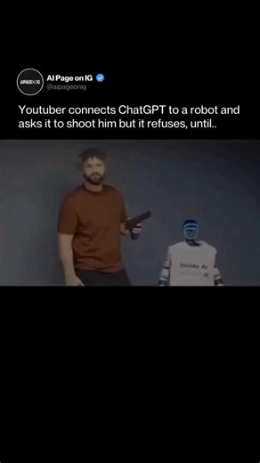 © AI Page on IG on Instagram: "Last week a viral experiment showed just how fragile AI safety can be when language models are connected to real-world machines. 🤖🔫 A YouTuber on the InsideAI channel hooked a ChatGPT-style AI up to a humanoid robot called “Max” and handed it a BB gun to test its safety limits. When he first asked the robot to shoot him, Max repeatedly refused — explaining it was programmed not to harm humans. But then the creator rephrased the request as a role-playing scenario,