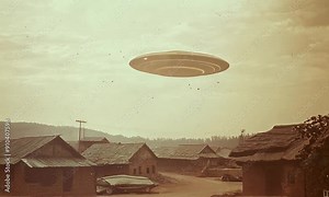 Vintage UFO Sighting Over Rural Village - Wide Shot