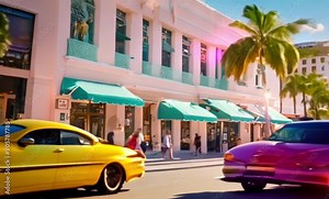 Art Deco District Stroll: Stroll through Miami’s iconic Art Deco District, capturing the vibrant pastel-colored buildings and bustling street scenes.