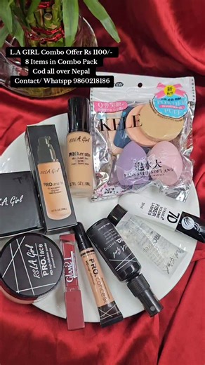 L.A. Girl Makeup Combo – Only Rs. 1100/- (8 Items) Get all the essentials you need for a flawless makeup look with this amazing combo, including: Foundation Primer Concealer Loose Powder Makeup Fixer Blender Set Pencil Lipstick Mascara All items are exactly as shown in the video, with more than 3 years of shelf life remaining. Delivery Available across Nepal Cash on Delivery available Order Now DM us or call: 9860218186 | Cosmetic Cafe