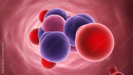 Microscopic view of circulating red and purple blood cells within a blood vessel, representing health and science