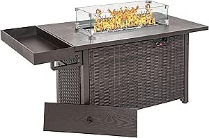 Sundale Outdoor 52 Inch Outdoor Fire Pit Table, 50,000 BTU Propane Fire Pits with Storage Shelf, Glass Wind Guard and Lid, Wicker Patio Gas Fire Pit for Outside Patio and Garden, CSA-Listed(Brown)